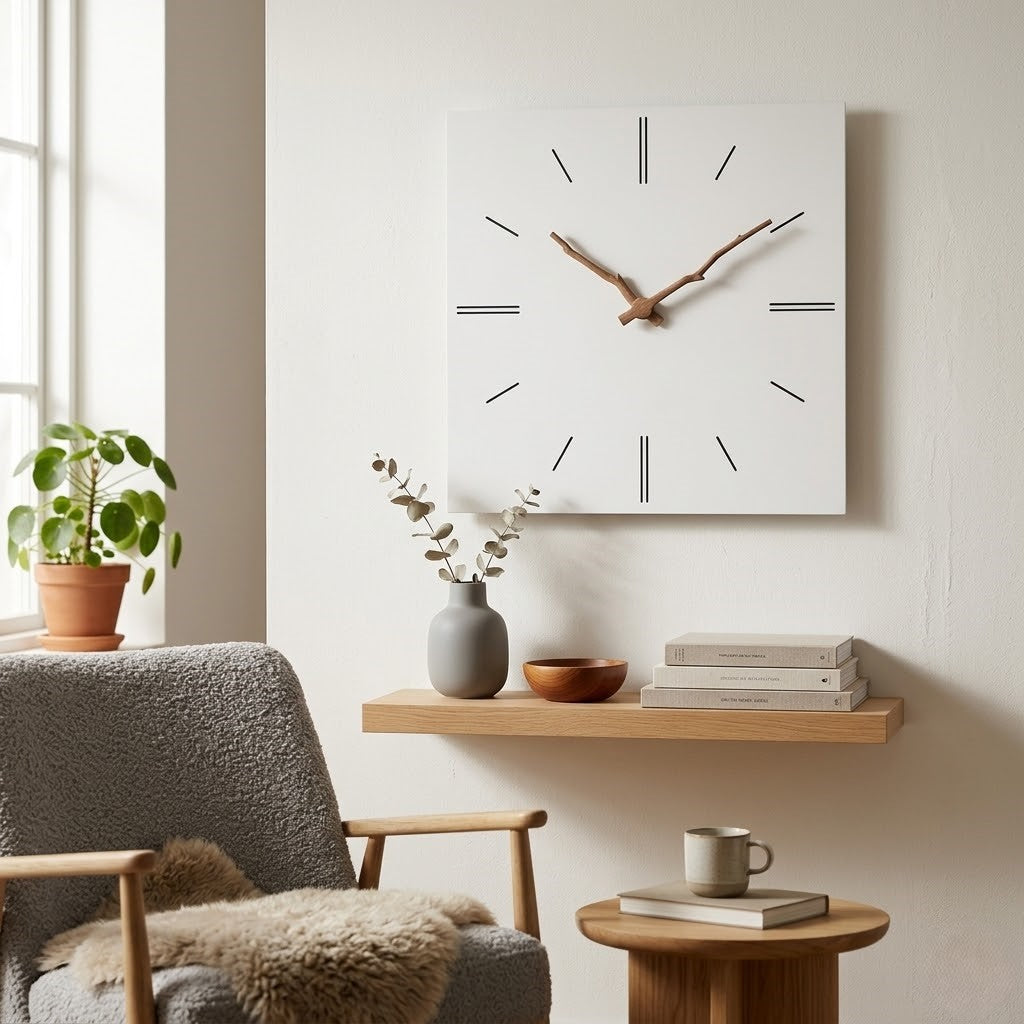 Horloge carrée blanche aux aiguilles en bois dans un salon clair