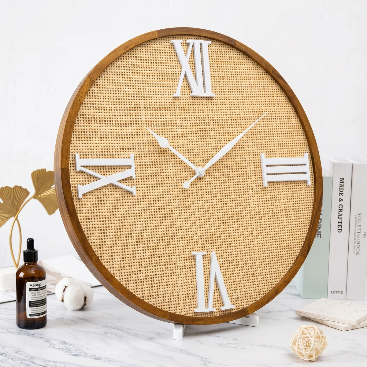 Horloge murale rotin blanc