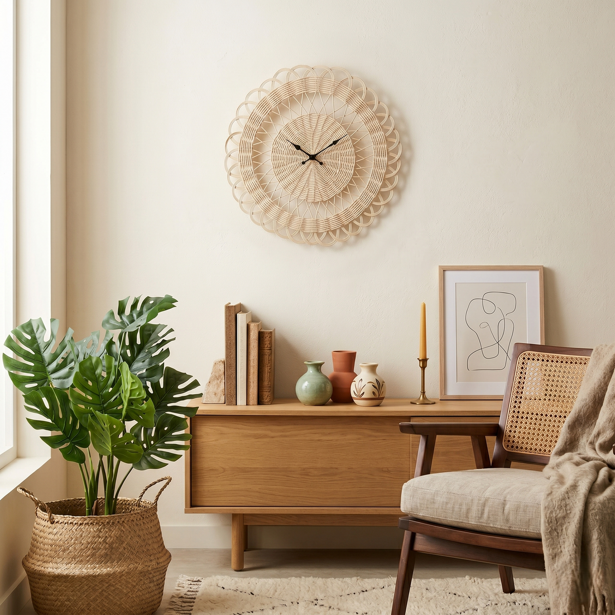 Horloge rotin tressé