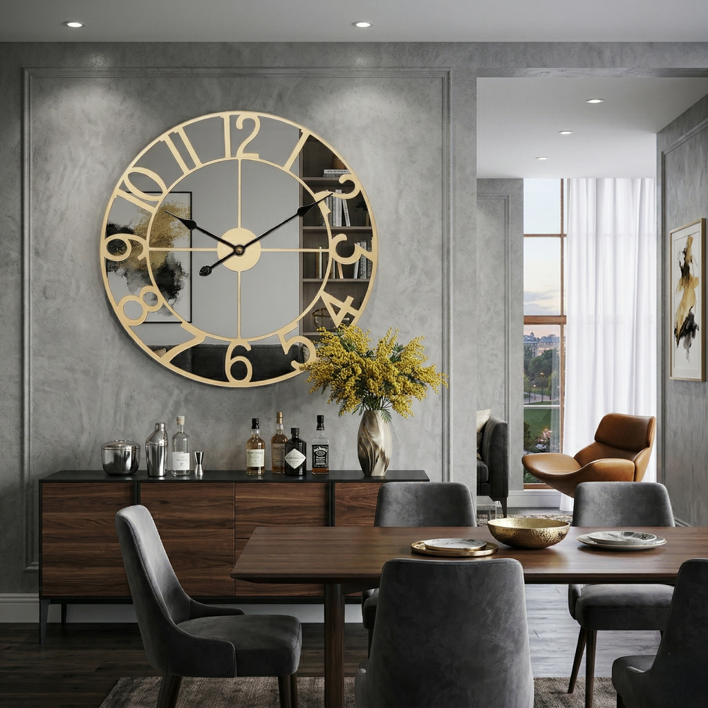 Grande horloge miroir doré