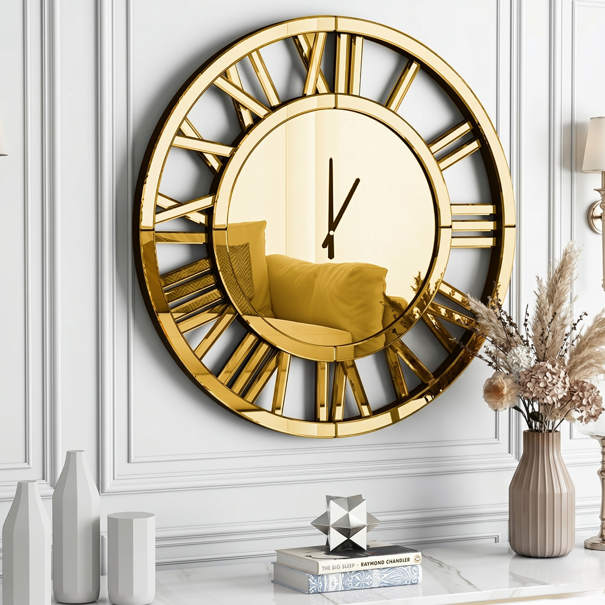Grande horloge miroir doré